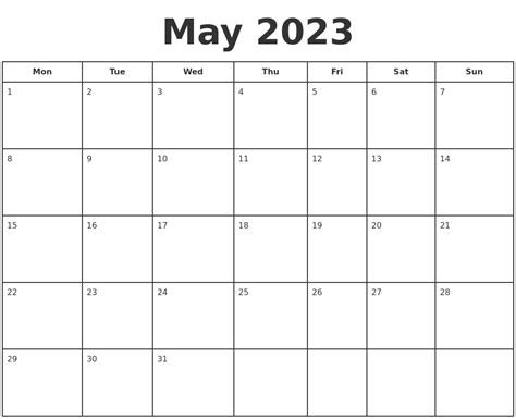 printable calendar may 2023 monday start